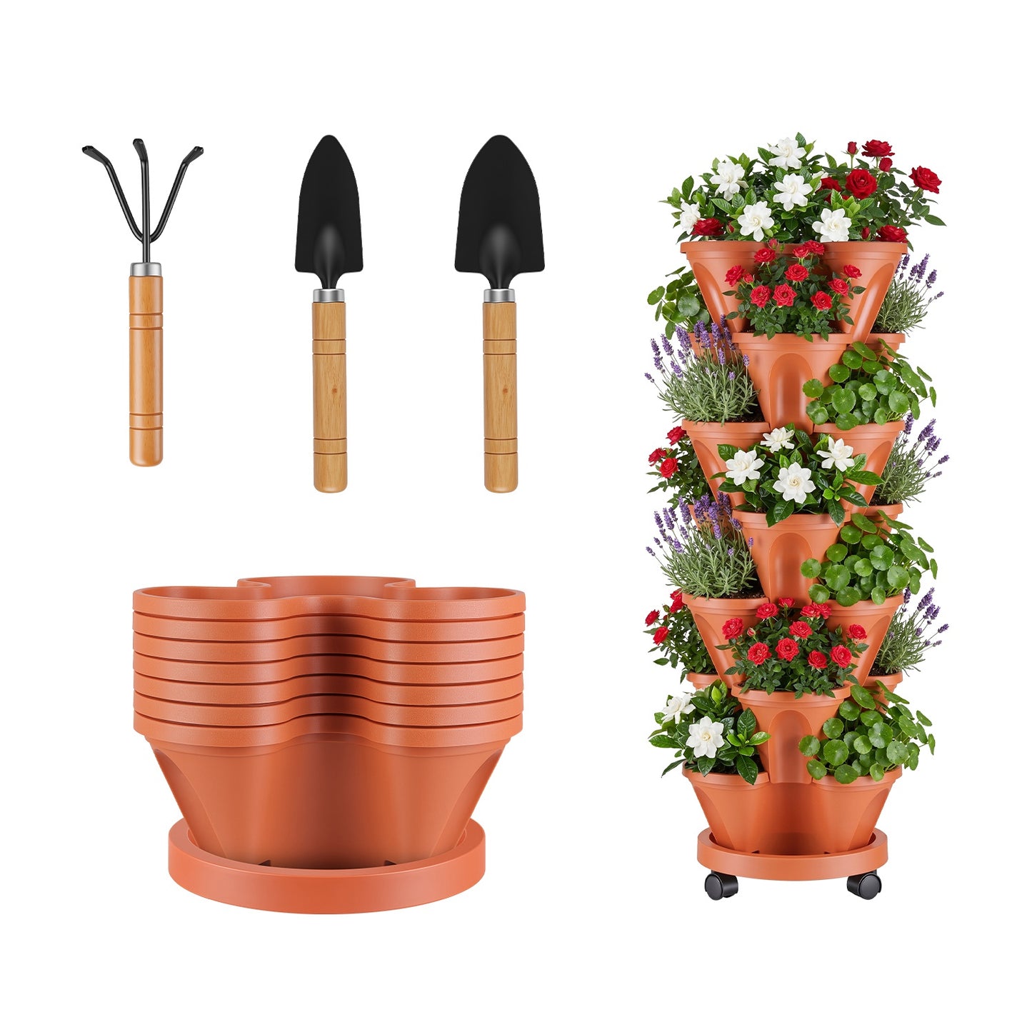 7-Tier Vertical Stackable Garden Planter with Wheels and Drainage System