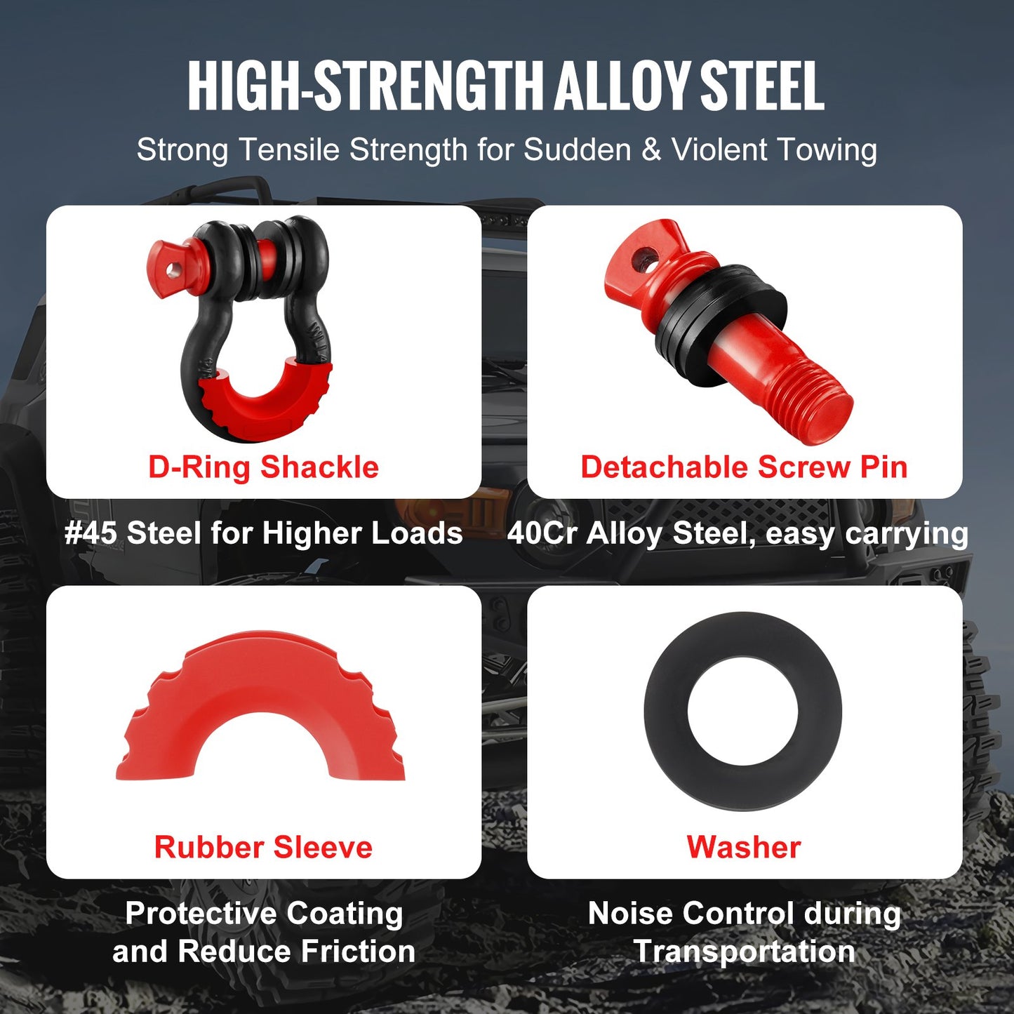 Heavy Duty Alloy Steel D-Ring Shackle 2 Pack 9,500 lbs Towing Recovery Black
