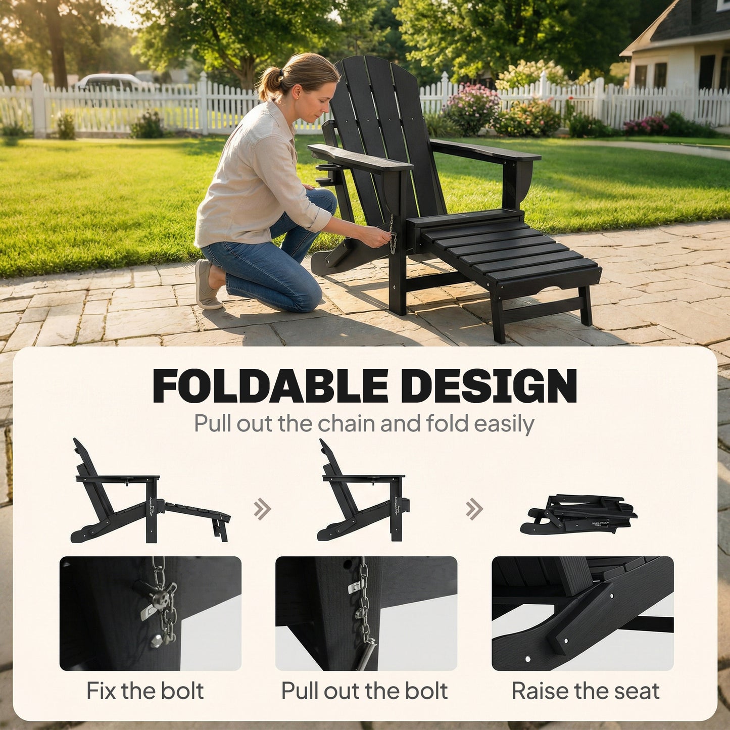 Folding Adirondack Chair Set of 2 - HDPE Fire Pit Chairs with Ottoman & Cup Holder - Black