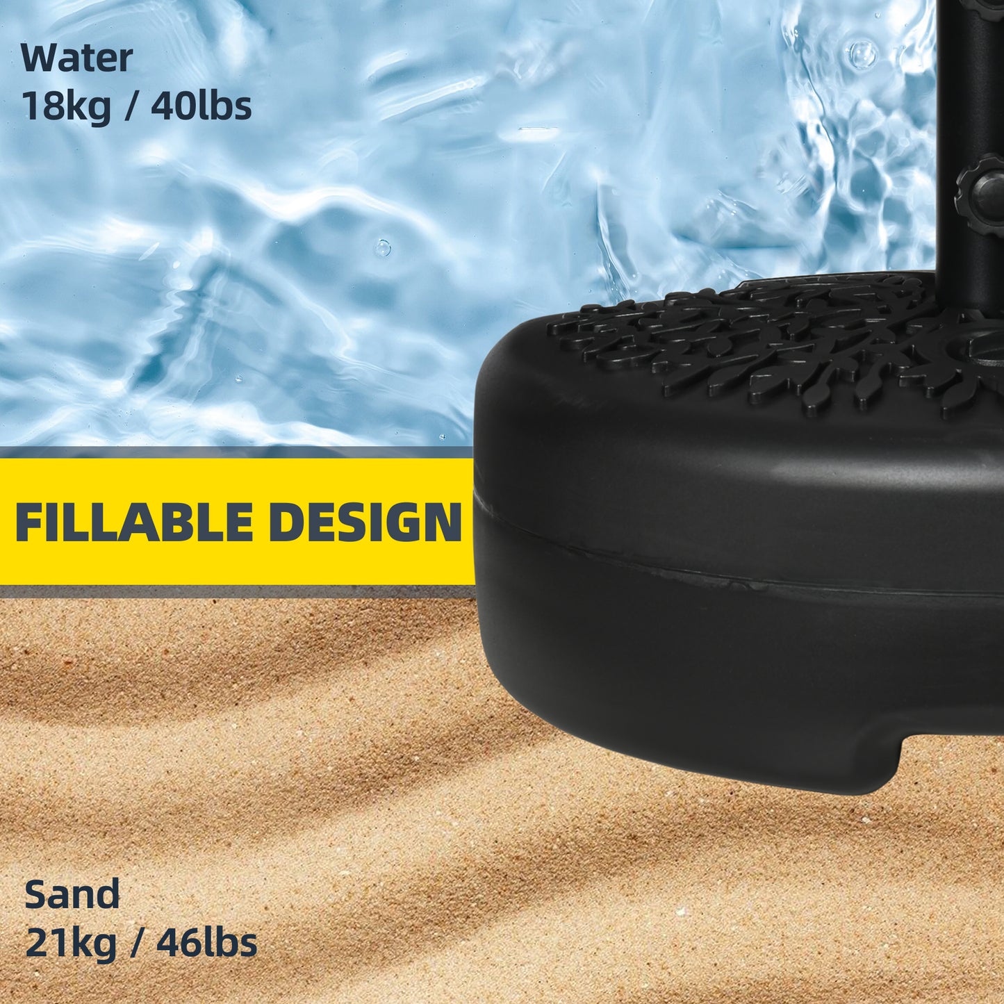 Half Umbrella Base Stand - Water/Sand Filled, Fits 1.5" & 2" Poles, Black
