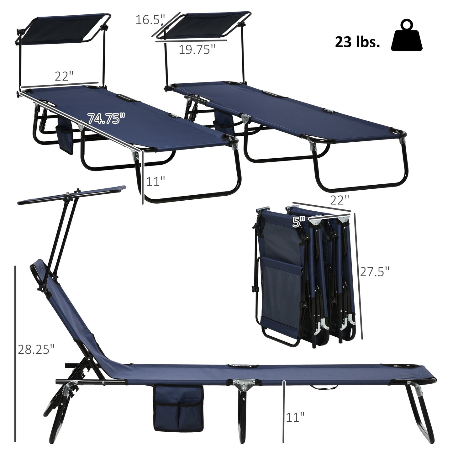 Set of 2 Outdoor Chaise Lounge Chairs - Reclining Back, Dark Blue