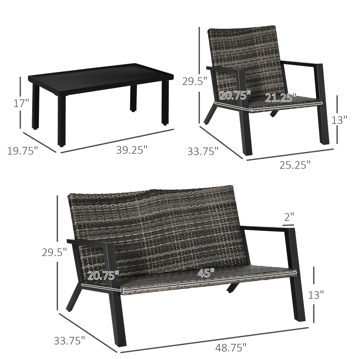 4-Piece Patio Furniture Set - Loveseat, 2 Chairs & Table - Black