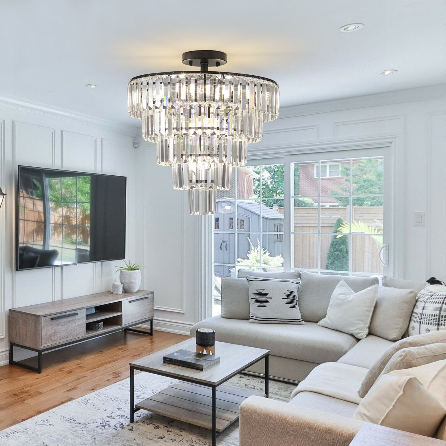Modern Black Crystal Chandelier - 10-Light Flush Mount Fixture