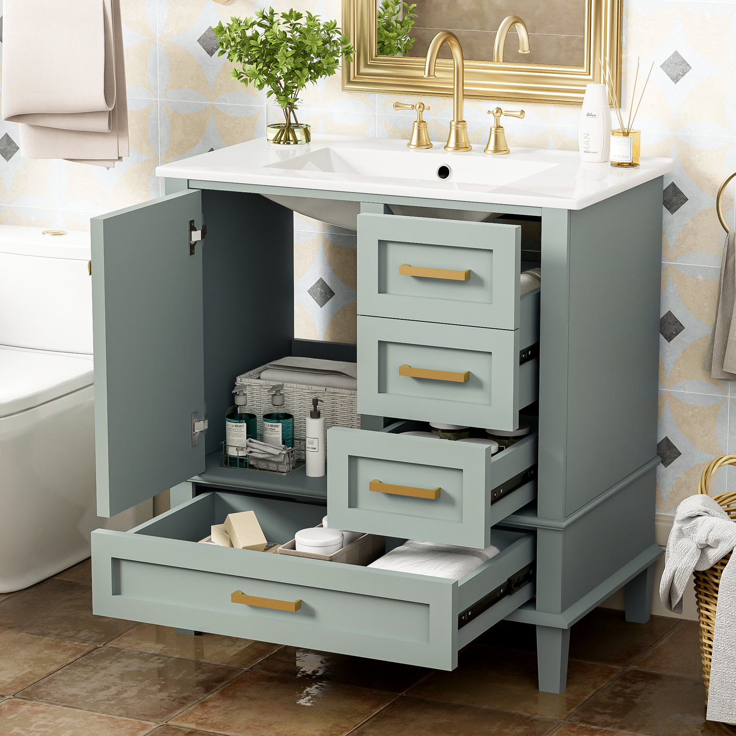 30-Inch Modern Bathroom Vanity Set with Sink & 3 Drawers - Sage Green