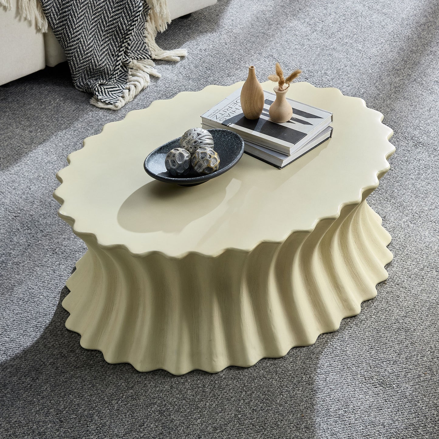 Oval Coffee Table - Vintage Beige Fiberglass Design, No Assembly
