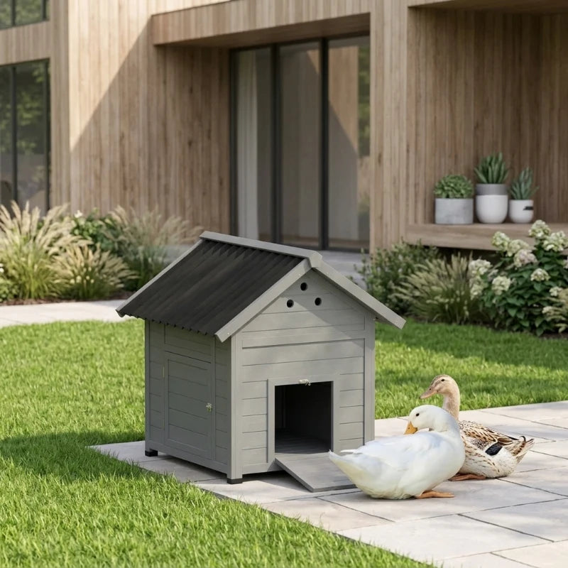 Wooden Duck Coop with Openable Roof & Double Doors - Light Gray Pet House