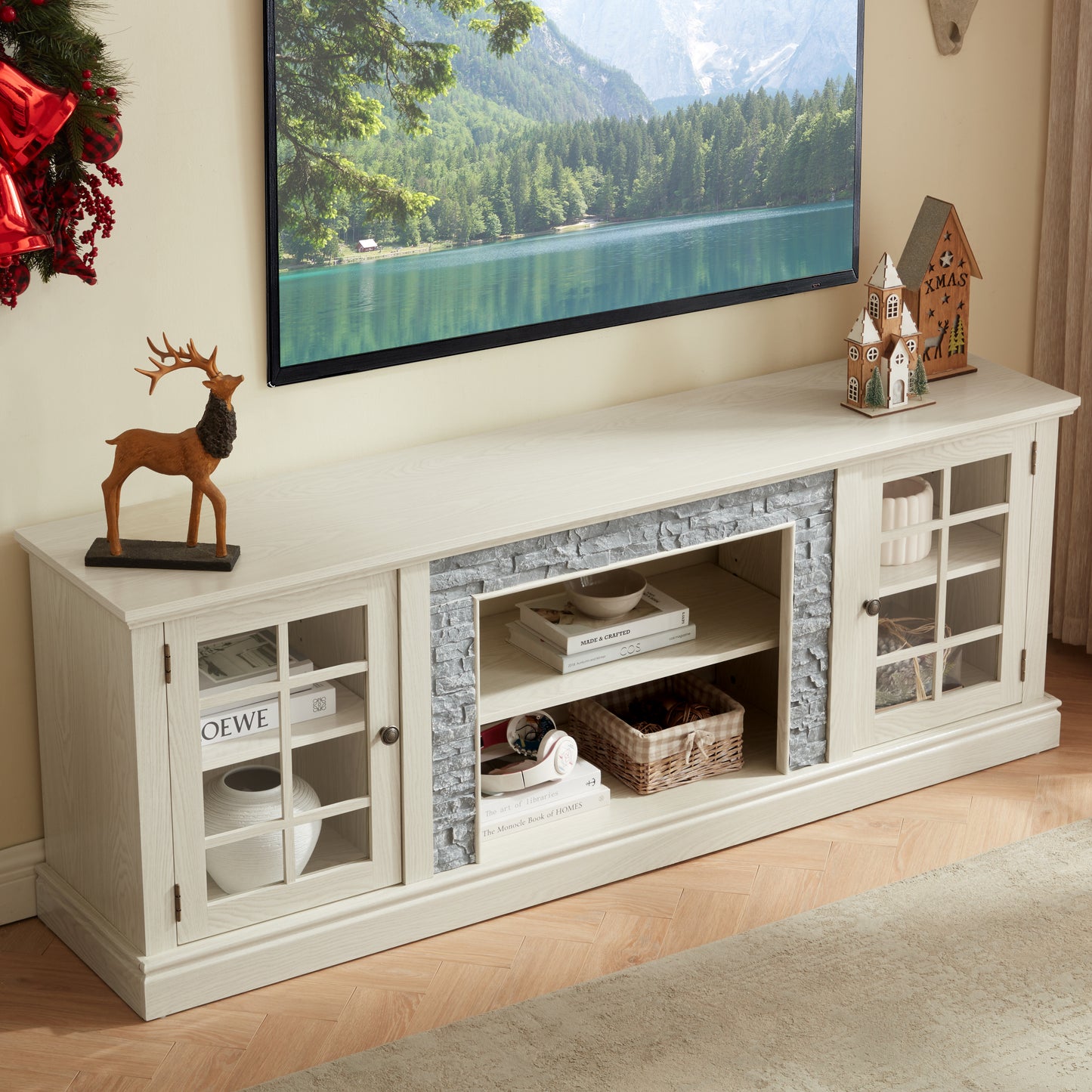 70 Modern TV Stand With 2-Door Storage, Faux Stone Media Console