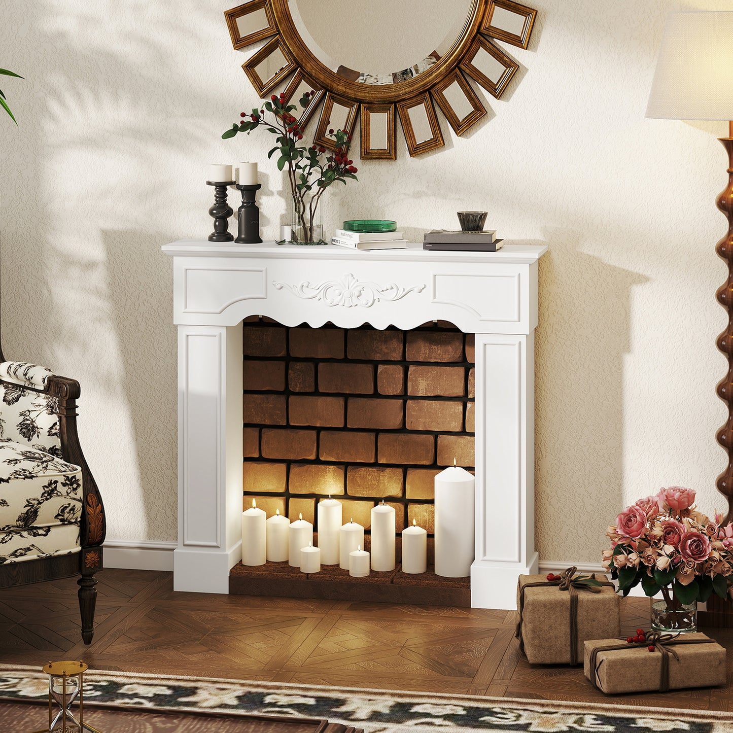 White Baroque Fireplace Mantel Surround for Electric Fireplaces - 43.3 Inch Wide