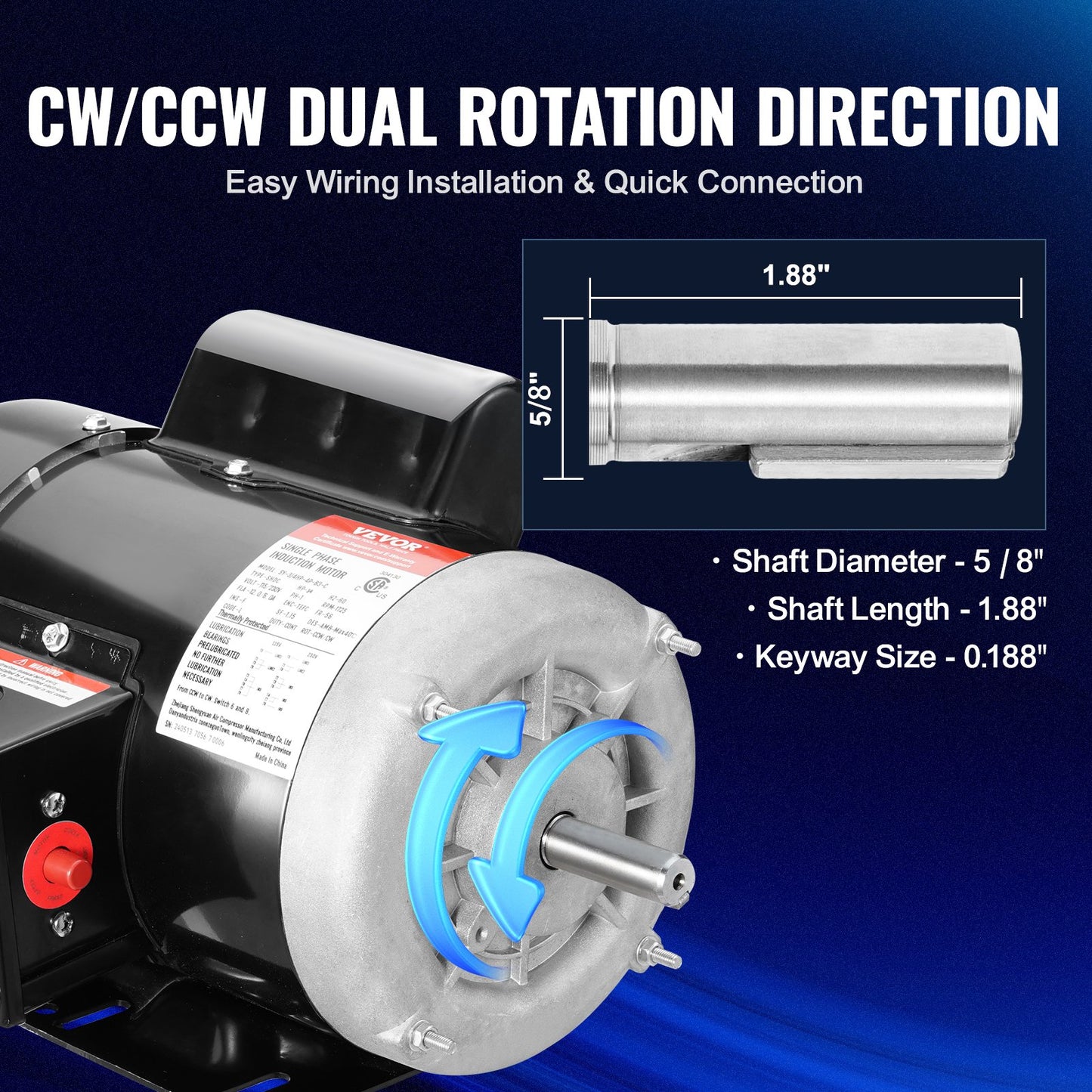 0.75HP Single Phase Electric Motor for Air Compressors - Reversible 1725rpm, 56 Frame, 5/8" Shaft