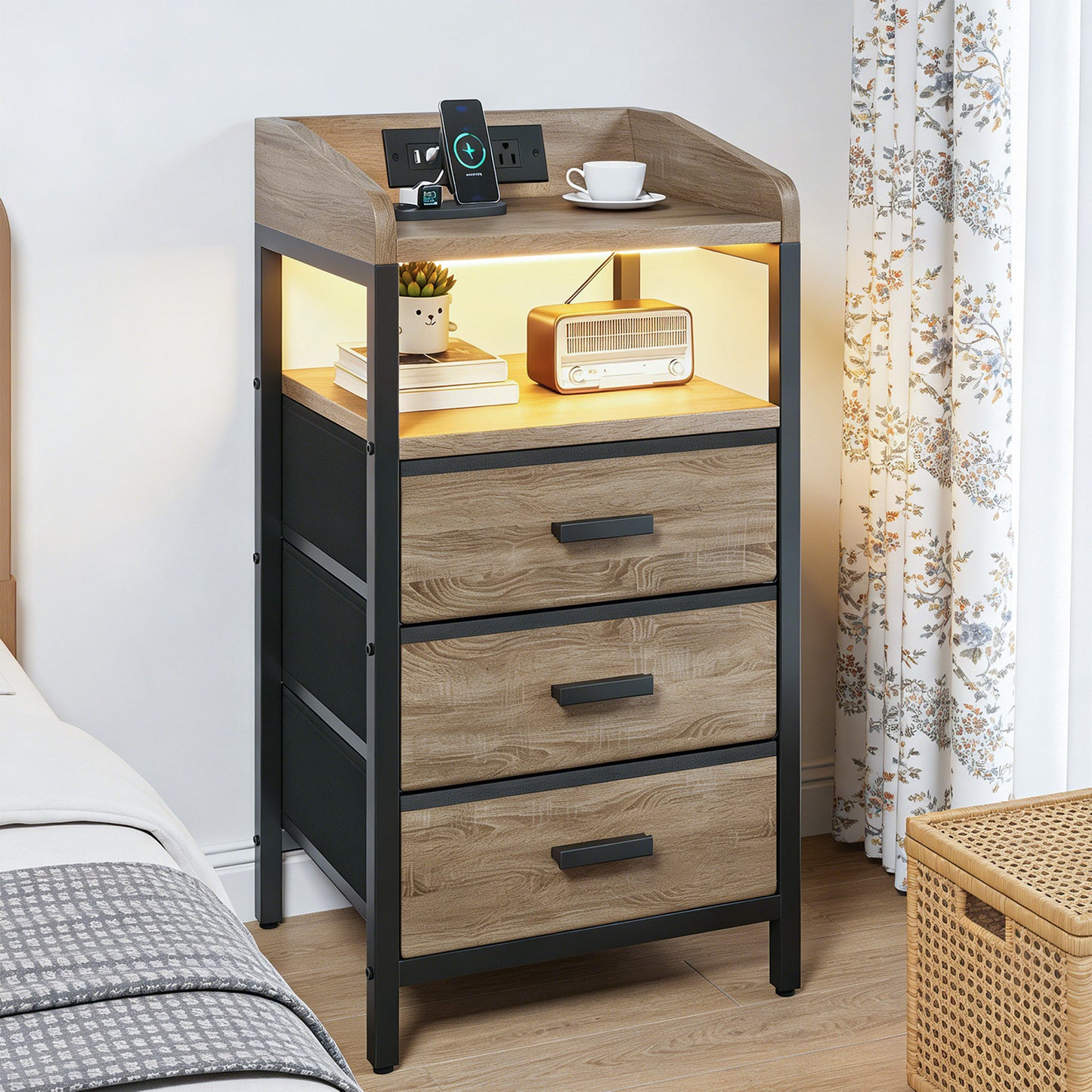 Nightstand with Charging Station and Fabric Drawers - Bedside End Table