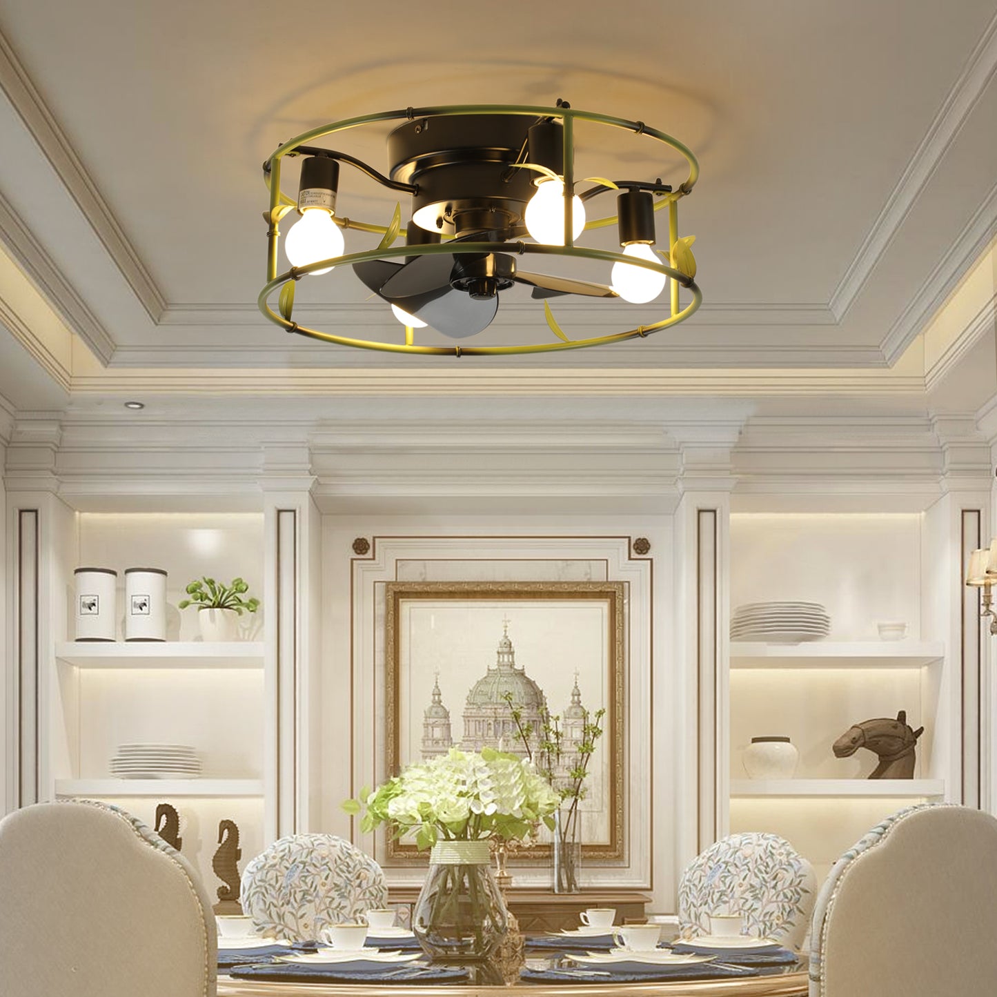 Industrial Ceiling Fan with Light - 3-Light Flush Mount Design