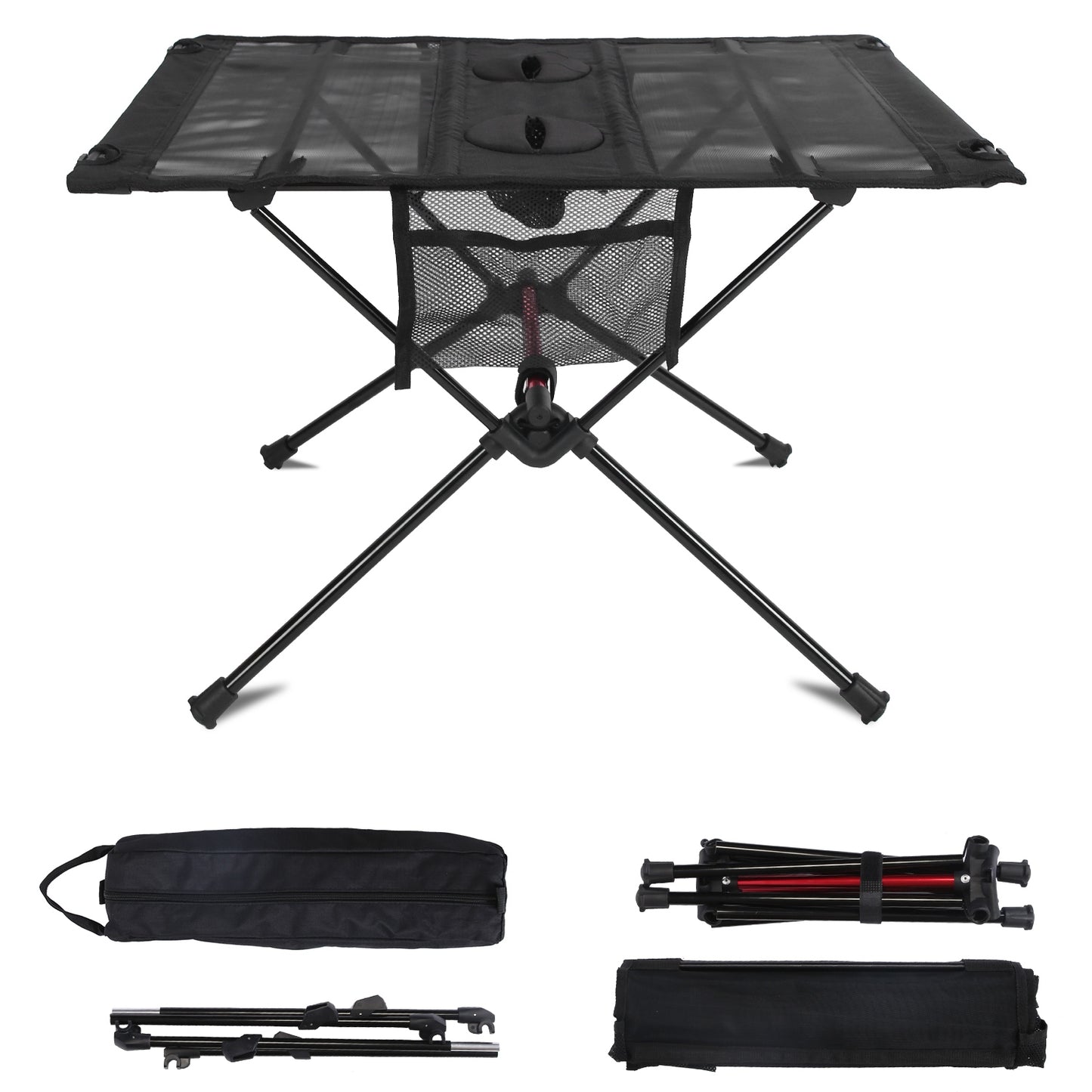 Portable Folding Camping Table with Cup Holders & Storage Bag - Black