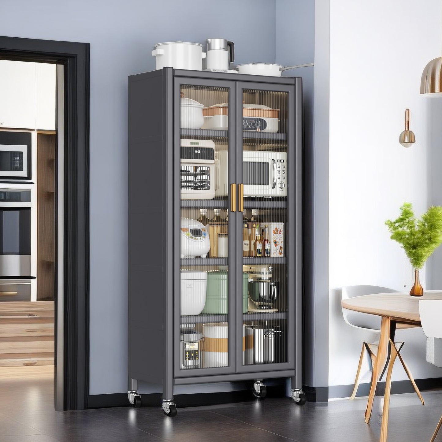 Grey Floor-to-Ceiling Kitchen Storage Cabinet with Microwave Shelf