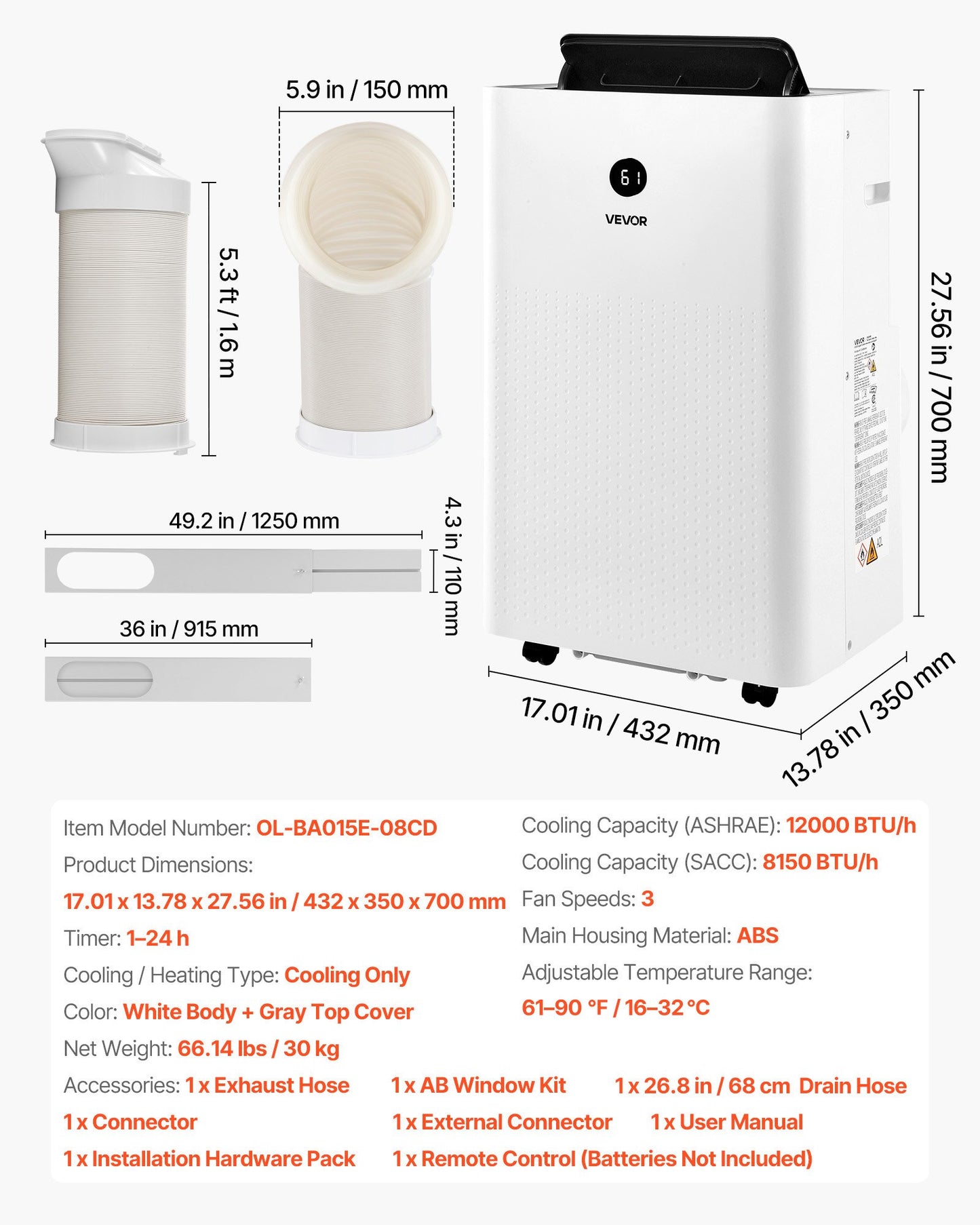 Portable 12000 BTU Air Conditioner 4-in-1 Cooling Dehumidifier Fan Sleep Mode