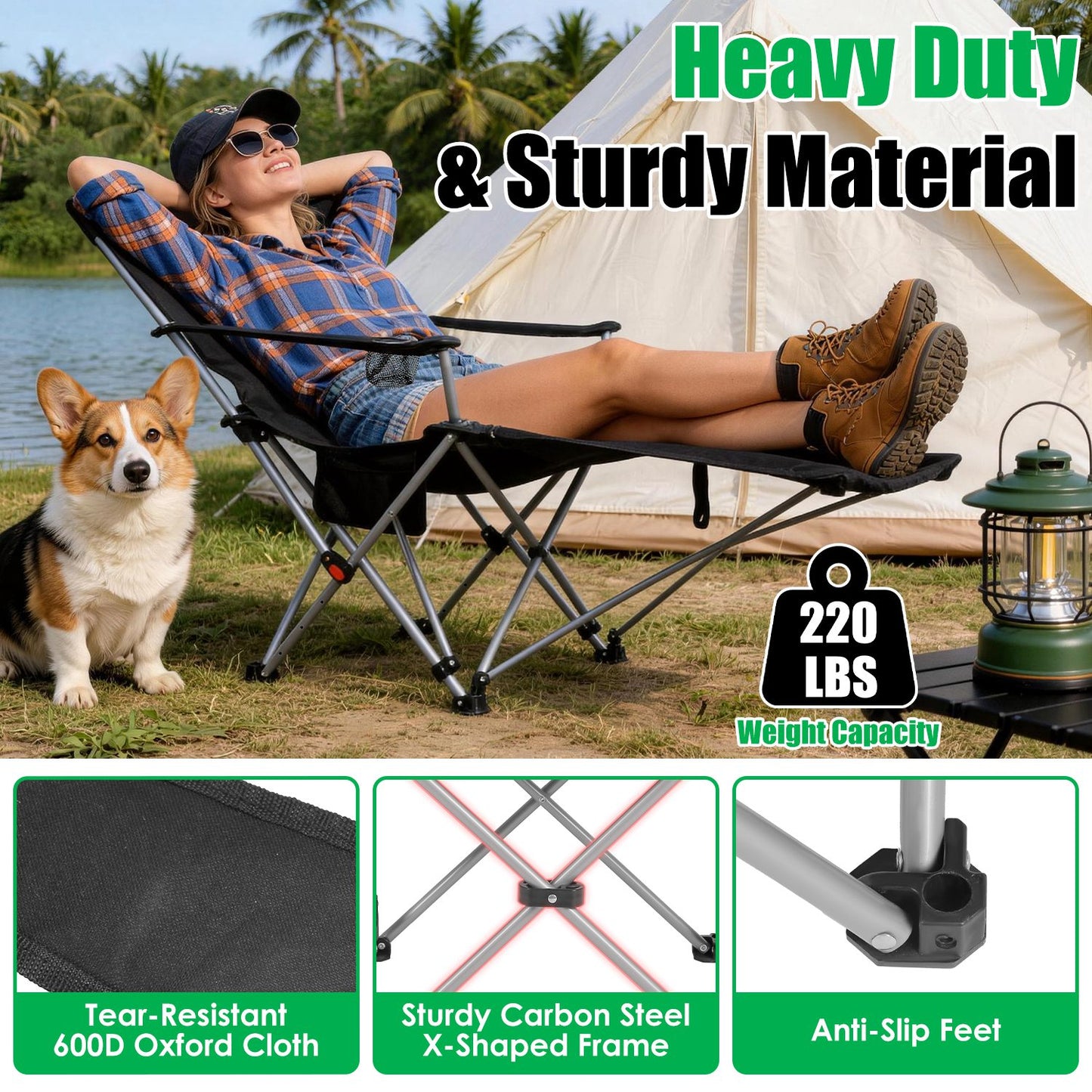 Adjustable Reclining Camping Chair with Footrest & Cup Holder
