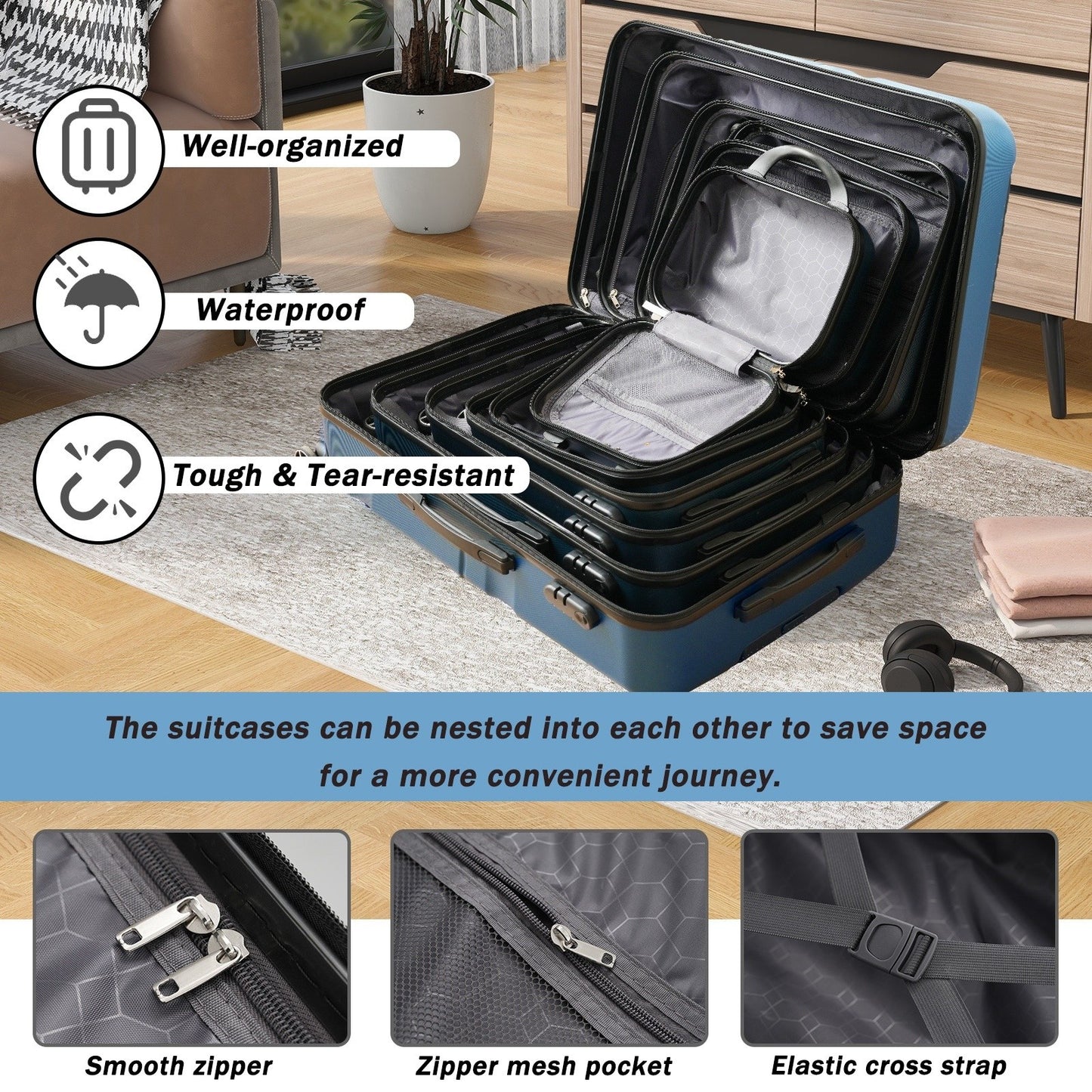 Lightweight ABS Luggage Set - Durable Suitcases with Spinner Wheels, Carry-On & Check-In Sizes - Inky Blue