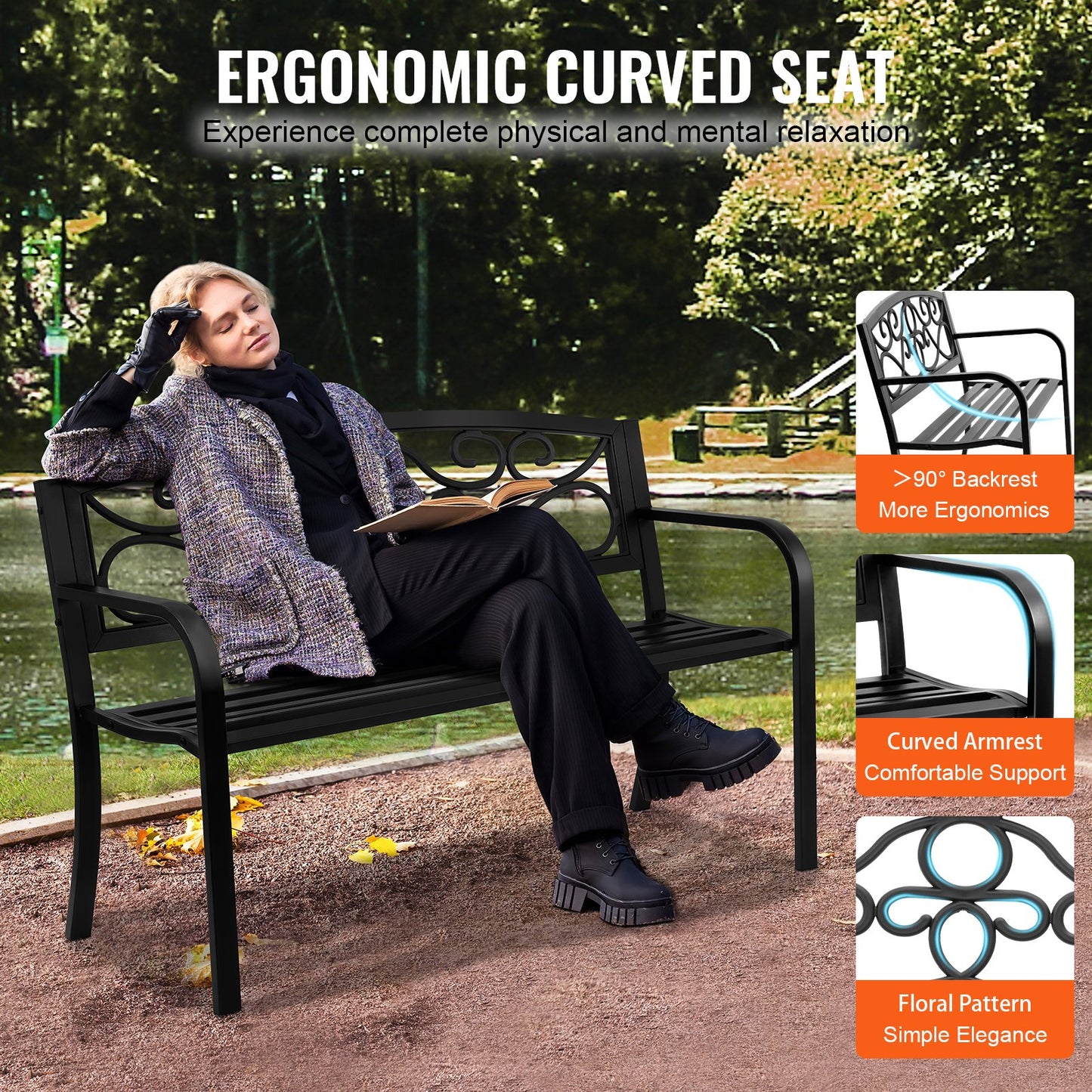 50-Inch Outdoor Metal Garden Bench with Backrest & Armrests, Black