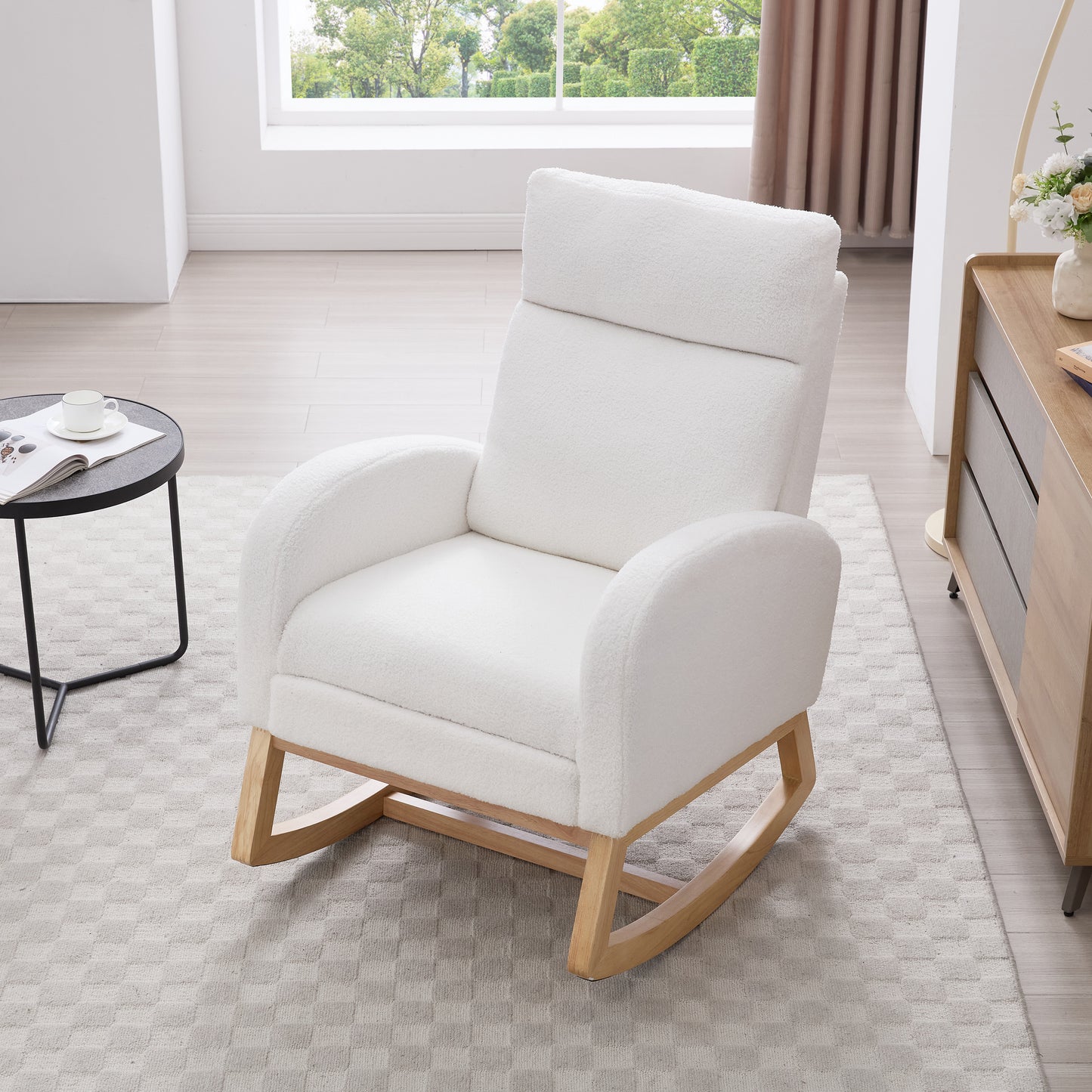 Teddy Fabric Rocking Chair with Adjustable Footstool - White