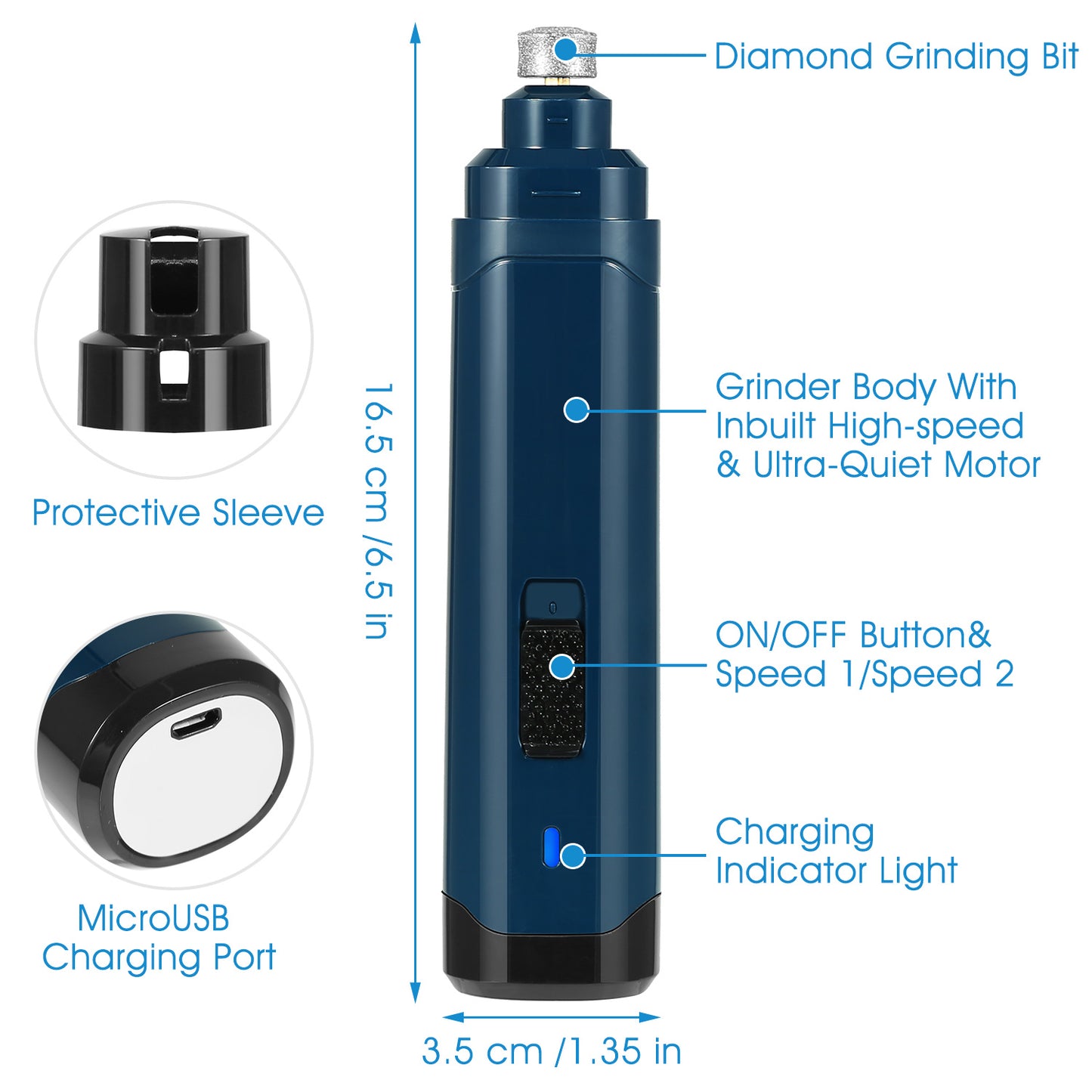 Dog Nail Grinder with 2 Speeds USB Rechargeable Quiet Pet Nail Trimmer