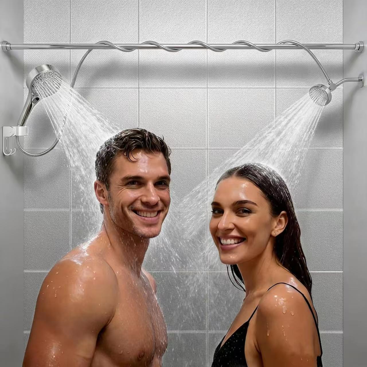 Dual-Head Pressurized Shower with Multi-Function Handheld Sprayer - Elegant Black