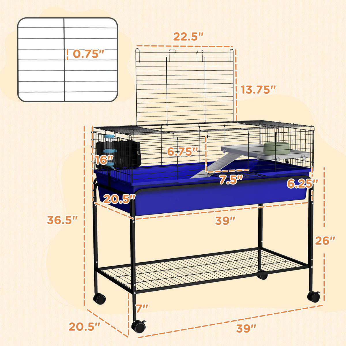 Small Animal Cage with Removable Stand, Wheels & Shelf - Blue, 39 x 20.5 x 36.5 Inches