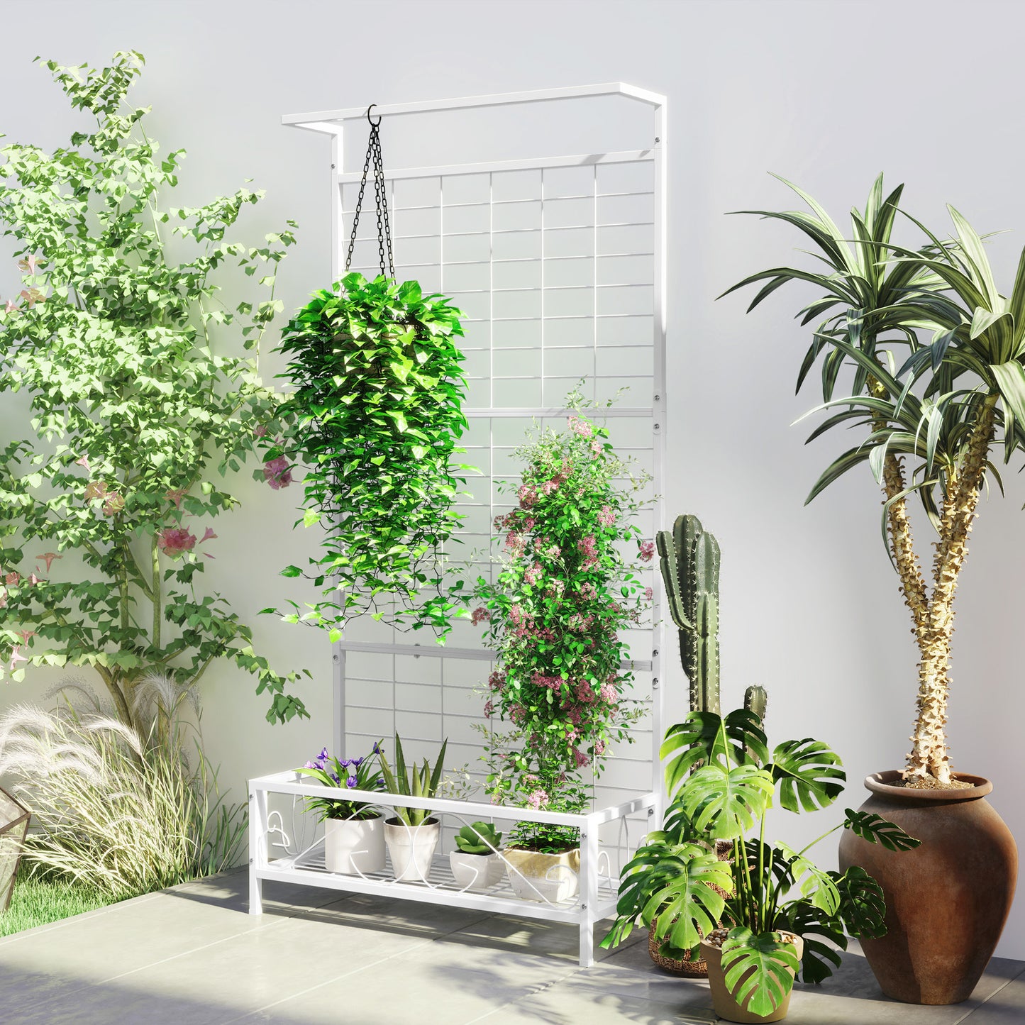 Tall Metal Plant Stand with Trellis and Hanging Bar, Indoor Outdoor Garden Display, White, 74 Inches