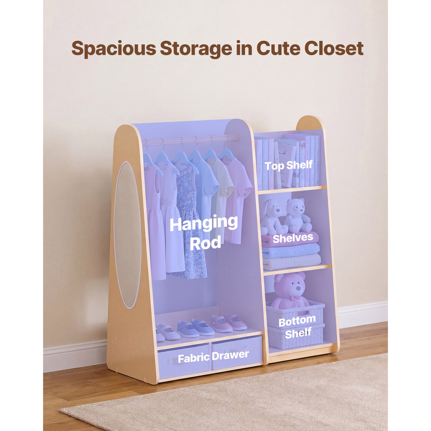 Kids Dress Up Storage Closet with Mirror and Shelves - Toddler Wardrobe Organizer