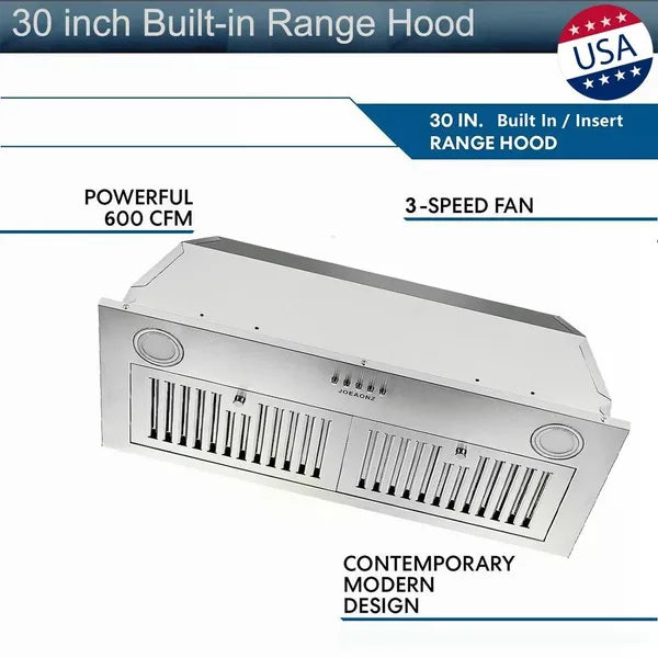 30 Inch Stainless Steel Range Hood 600 CFM Ducted & Ductless Kitchen Vent with LED Lights