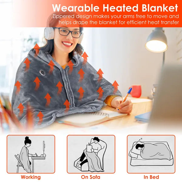USB Heated Blanket Poncho - 59" x 31" Soft Flannel Wrap