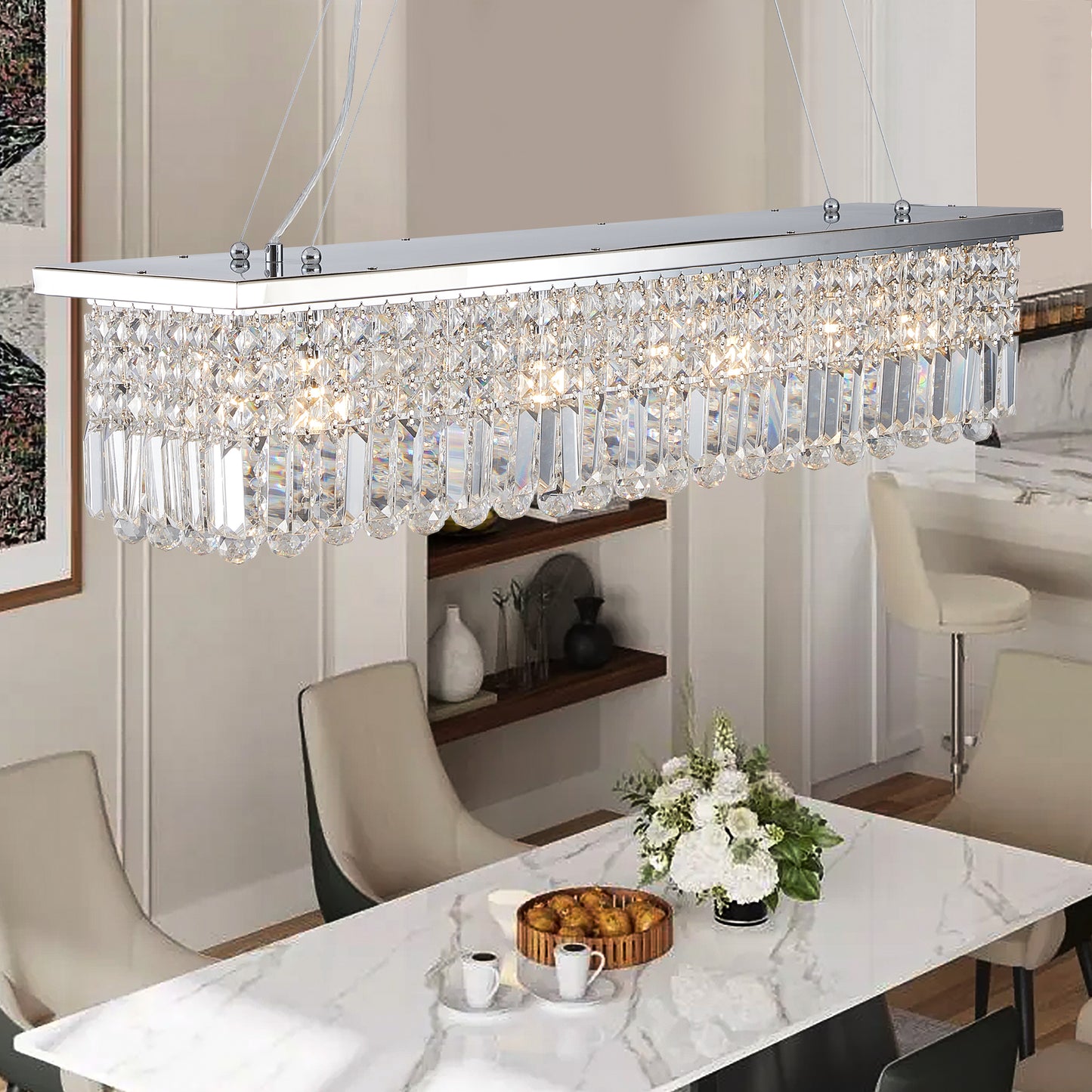 Modern Crystal Chandelier for Dining Room 8-Lights Rectangular Pendant Light Fixture