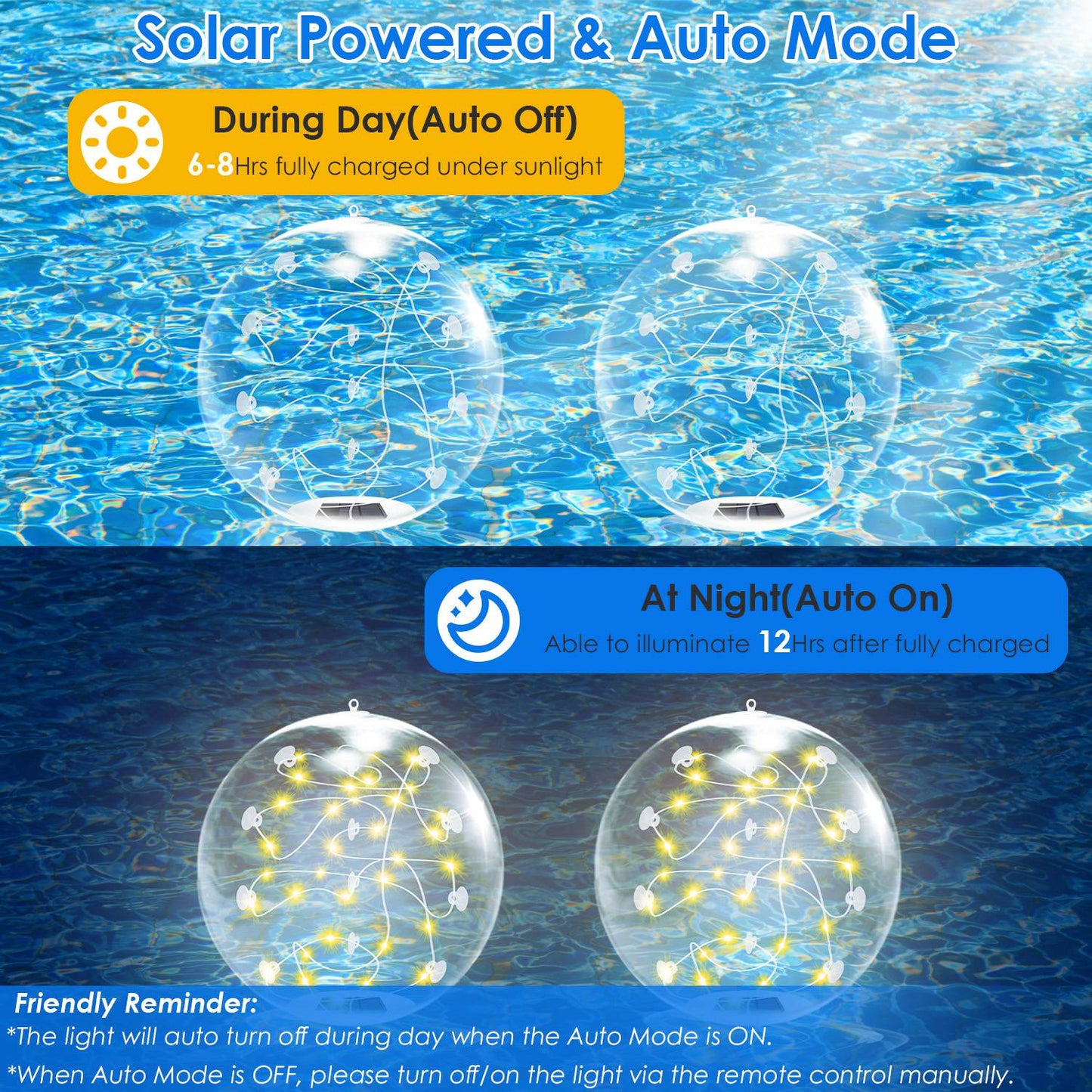 2Pcs Solar Floating Pool Lights Waterproof Inflatables with Remote Control