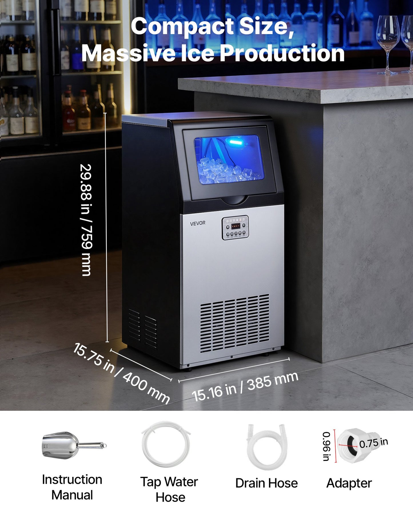 Commercial Ice Maker Machine 100 Lbs/24h with 30 Lbs Storage Stainless Steel
