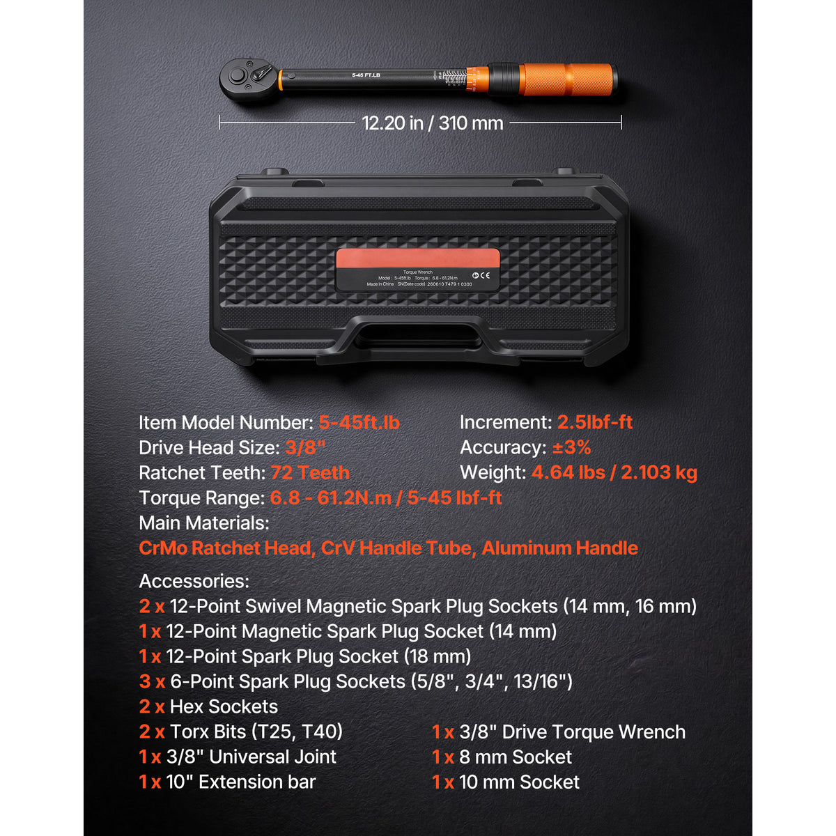 3/8-inch Drive Click Torque Wrench with Dual Scale and Accessories