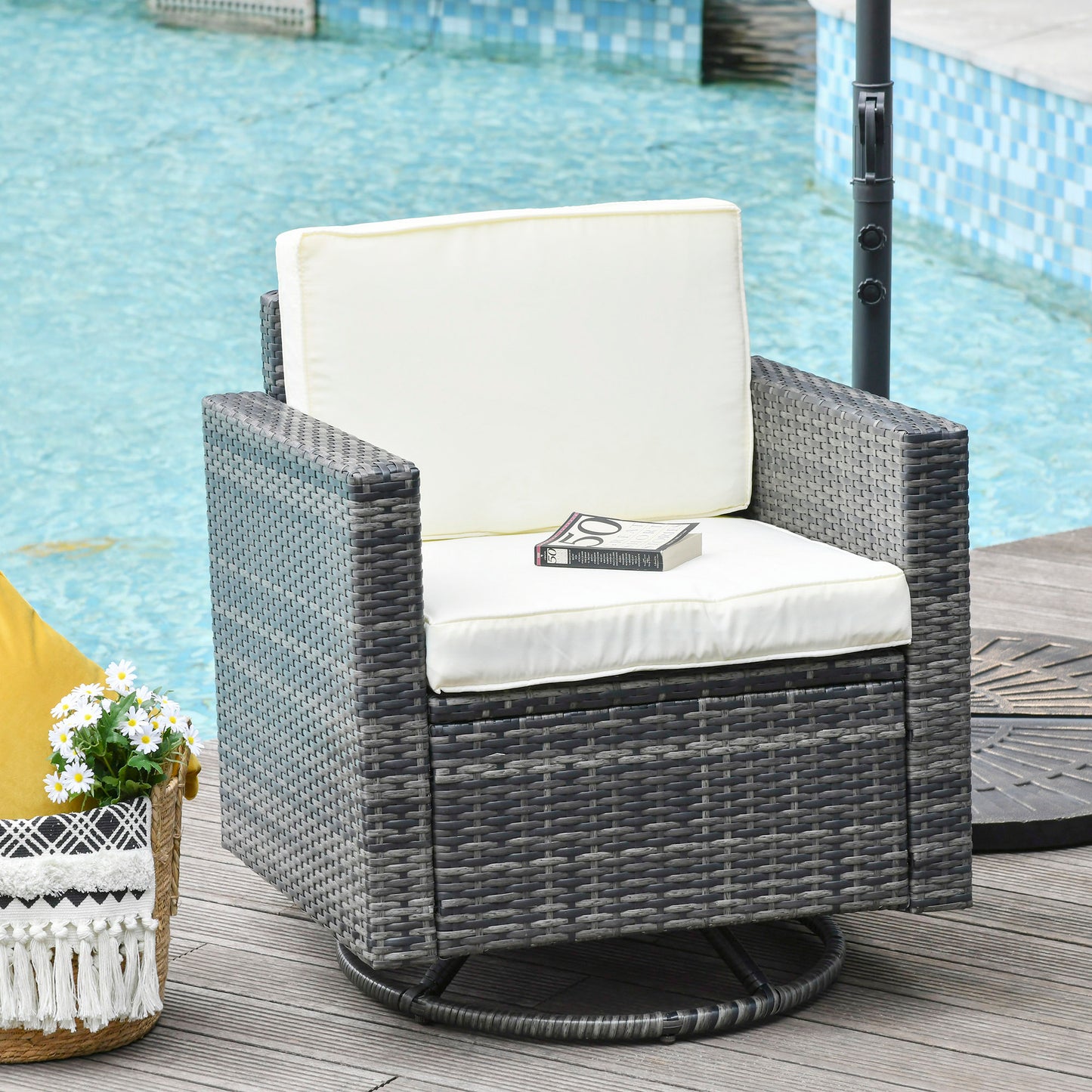 Outdoor Swivel Rocker Dining Chair - Cream White, Cushioned