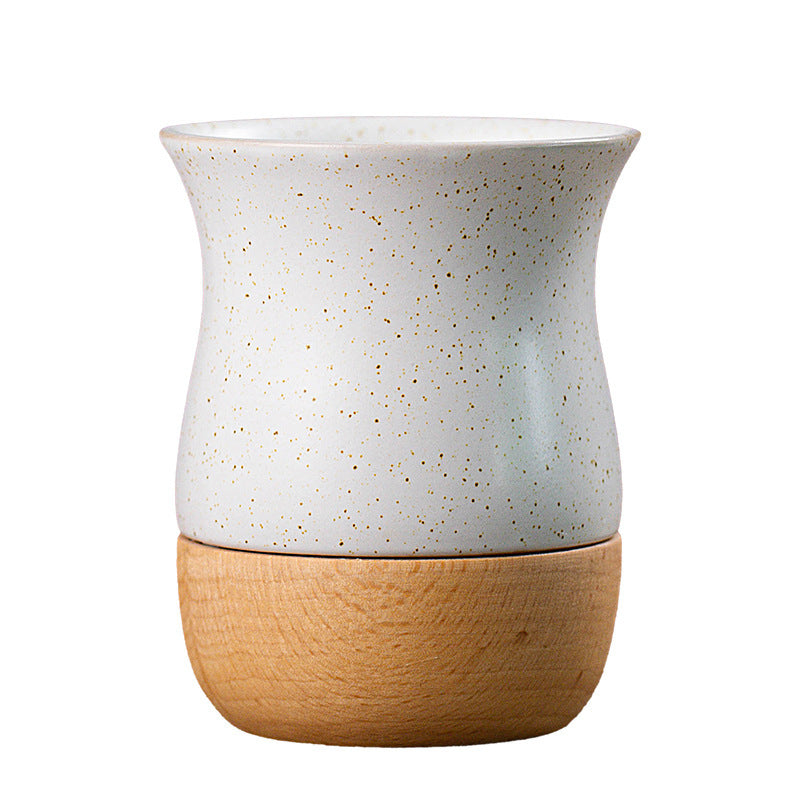 Retro Solid Wood Base Stoneware Coffee Mug 260ml - Multiple Colors