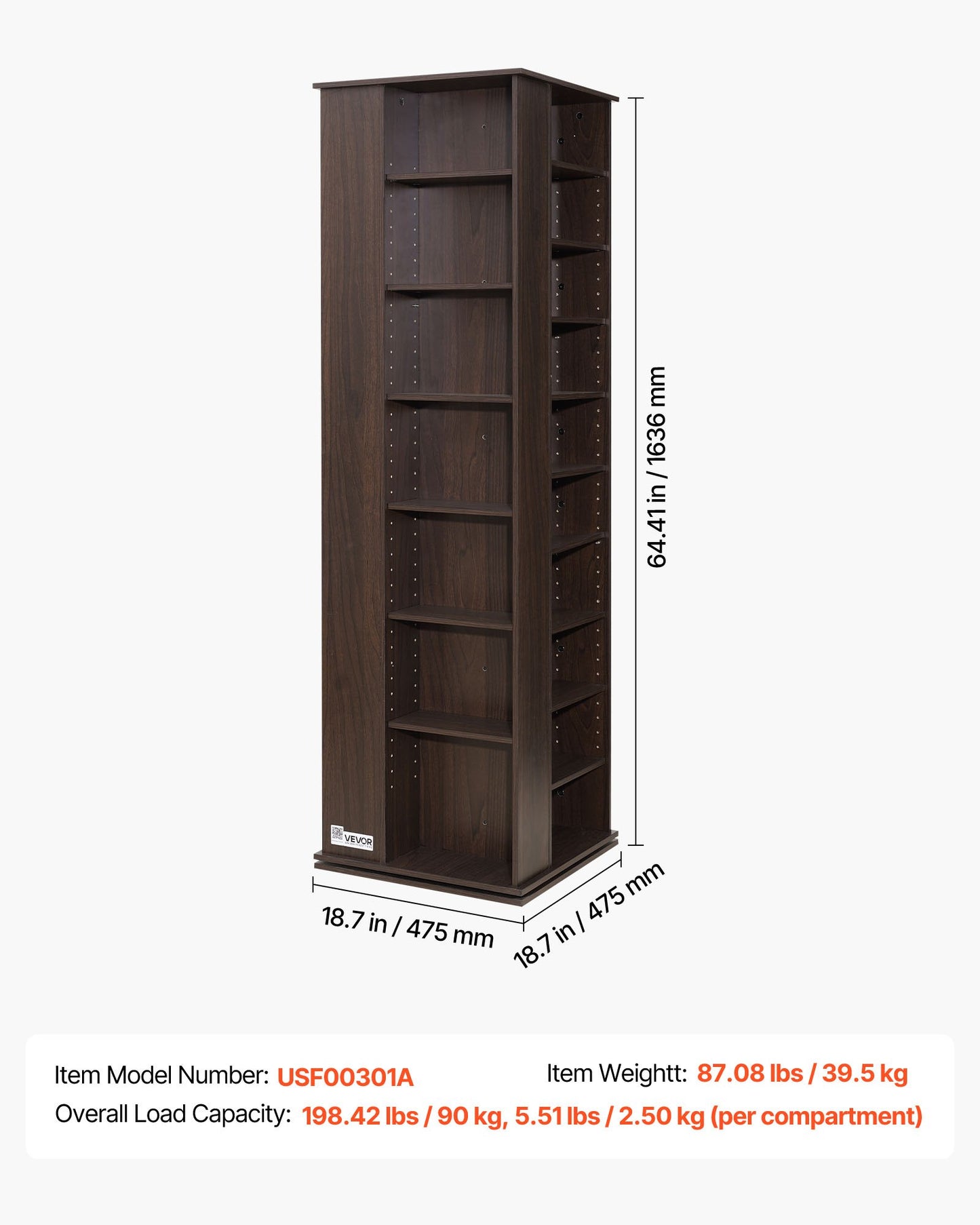 Rotating Media Storage Cabinet for CDs, DVDs, Books & Games - 34 Compartments, Adjustable Shelves, Black
