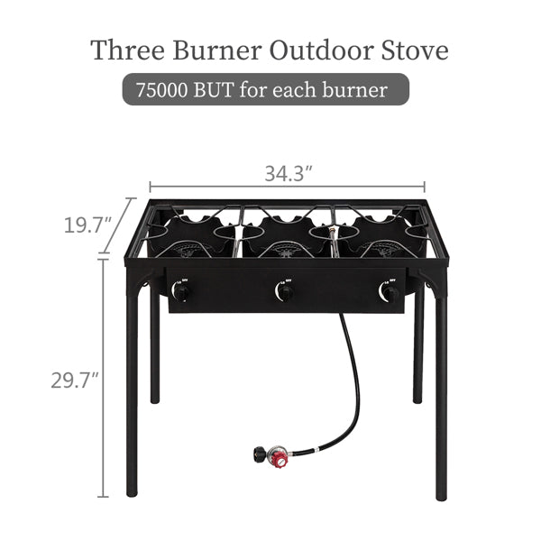 High-Power Three Burner Gas Stove - 225,000 BTU, Cast Iron