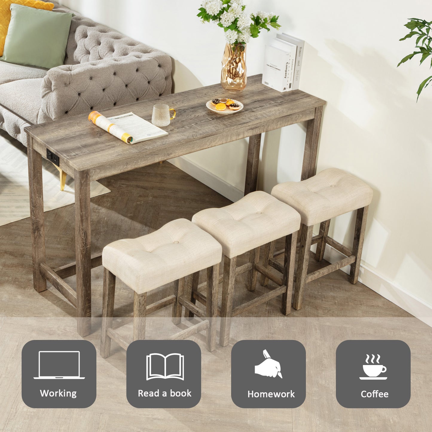 4-Piece Bar Table Set with Power Outlet and 3 Stools - Brown