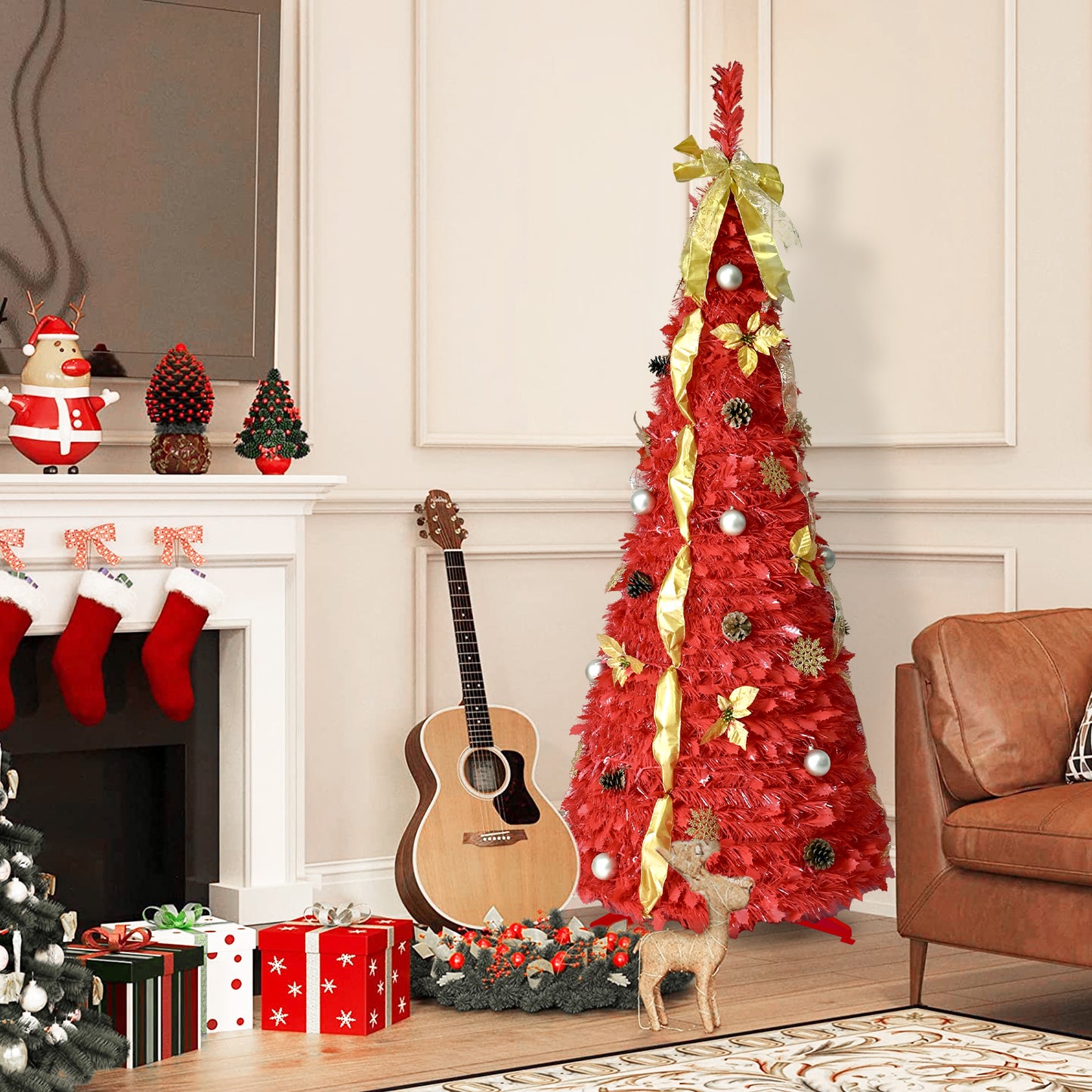 6FT Artificial Red Christmas Tree with 150 LED Lights
