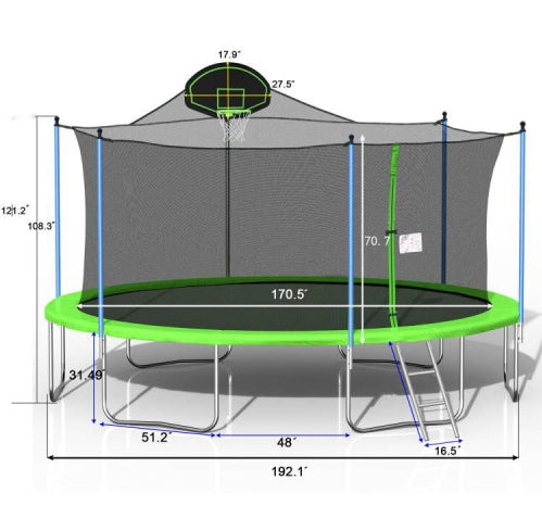 16FT Trampoline with Basketball Hoop & Safety Net - Green