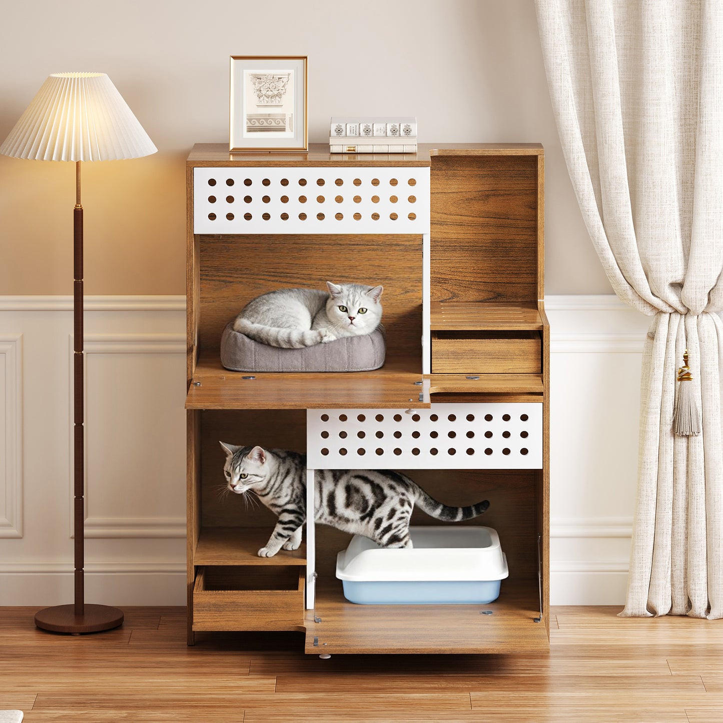 Modern 2 IN 1 Cat Furniture, Litter Box Enclosure Side Table, House