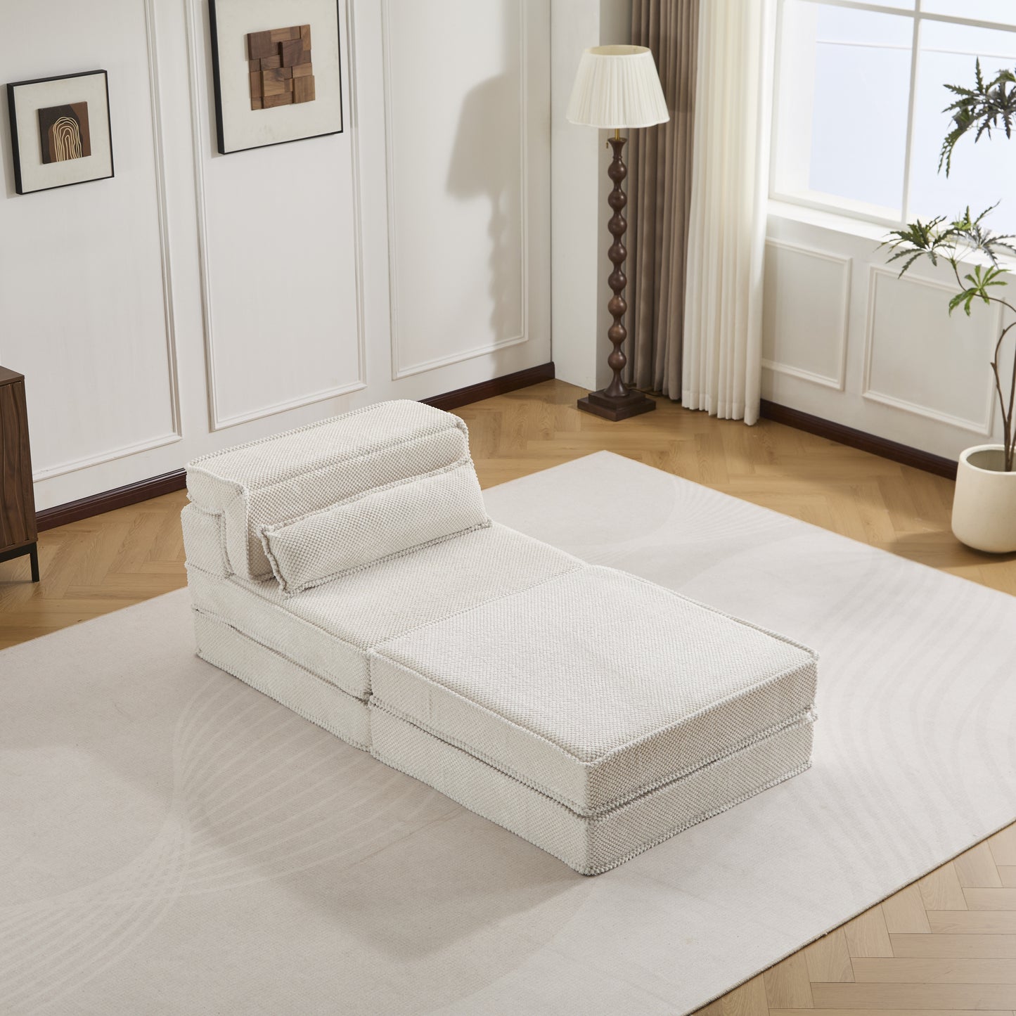 Convertible Compression Mahjong Sofa Bed - White with Pillow & Ottoman