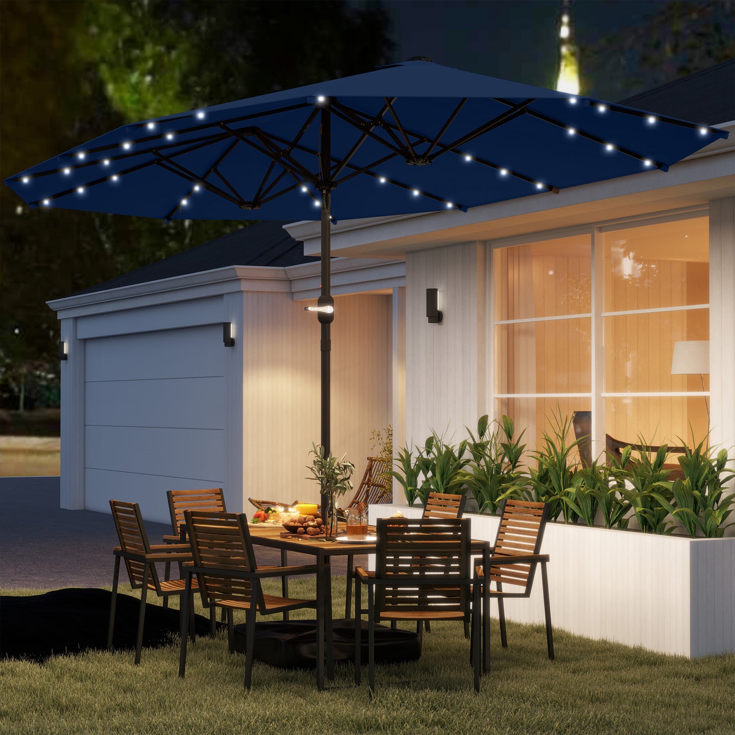 14.4ft Double-Sided Garden Parasol with Solar LED Lights - Navy Blue