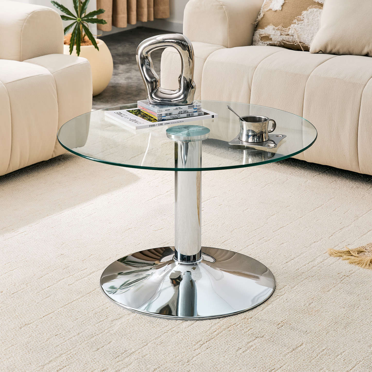 Round Tempered Glass Coffee Table - 27.5 Inch, Silver Base