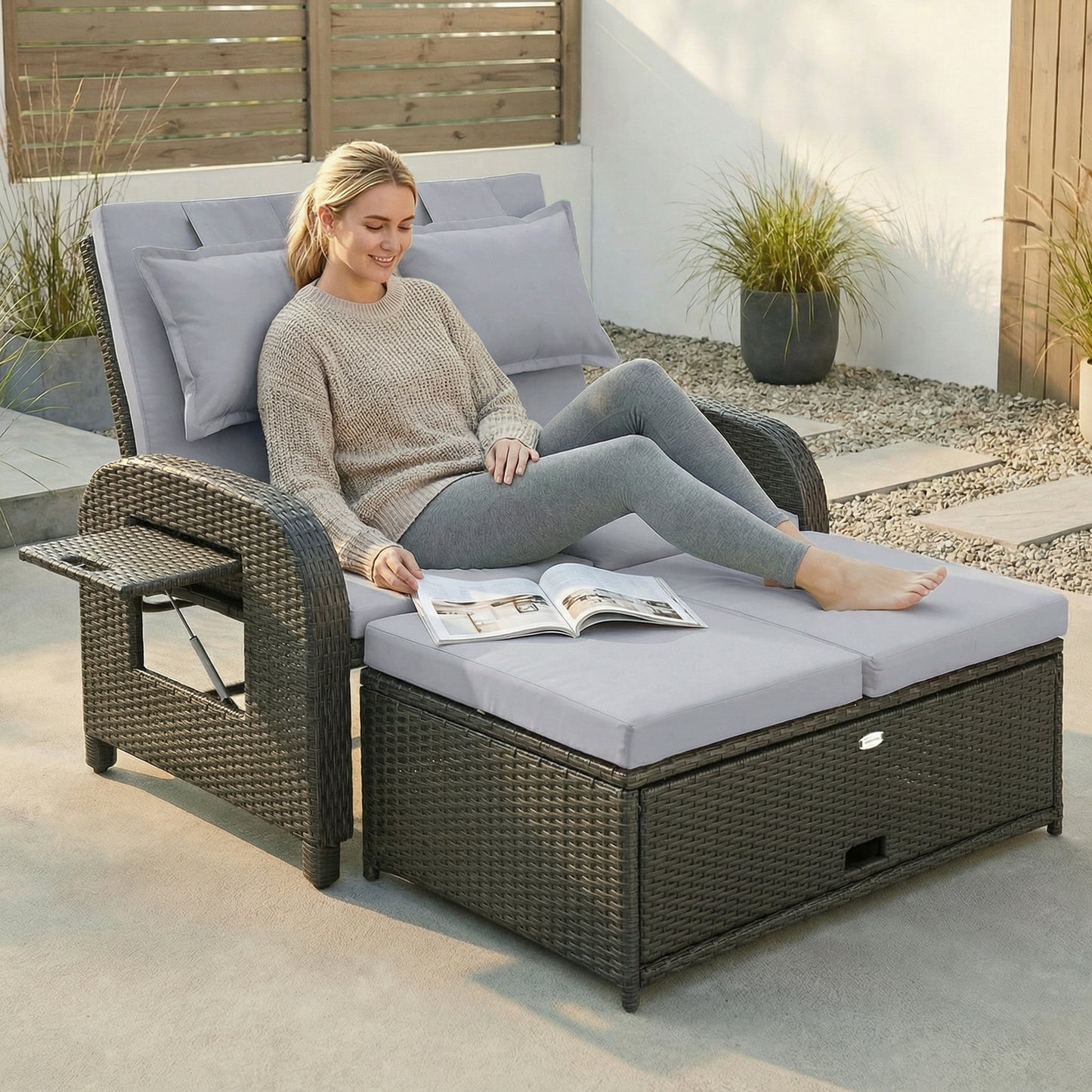 Outdoor Daybed with Storage Ottoman, Adjustable Loveseat - Gray