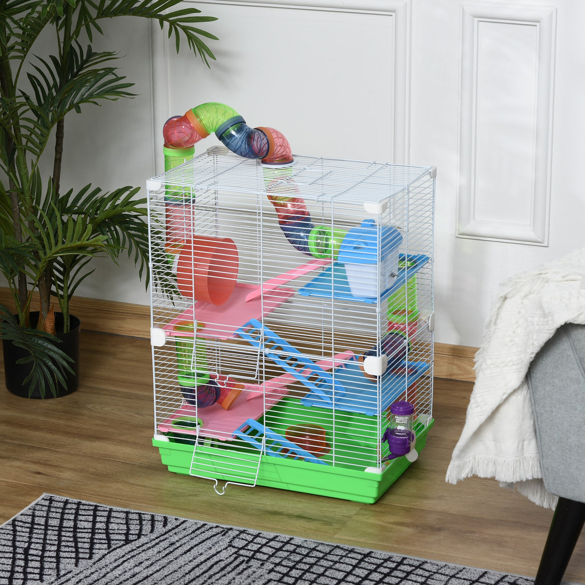 Portable Hamster Cage with 5 Tiers, Exercise Wheel & Tubes - Green