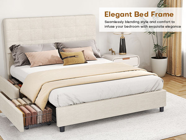 Bed Frame Upholstered Vertical Channel Headboard With 4 Storage