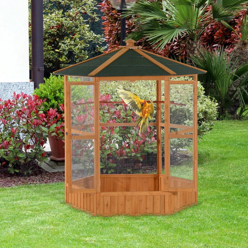 Wooden Hexagonal Outdoor Bird Cage with Covered Roof - Natural Brown