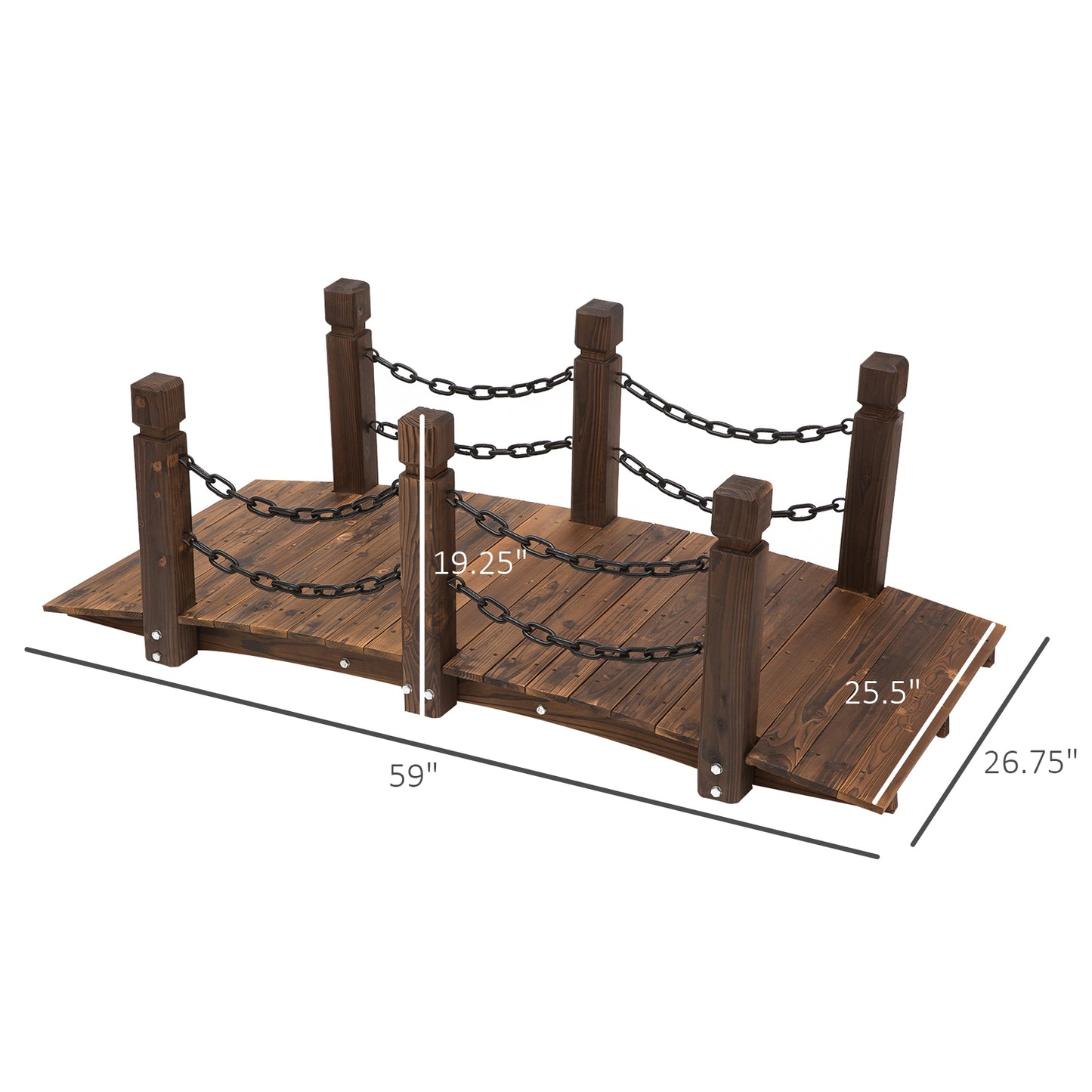 5 ft Wooden Garden Bridge with Metal Chain Railings - Solid Fir Construction