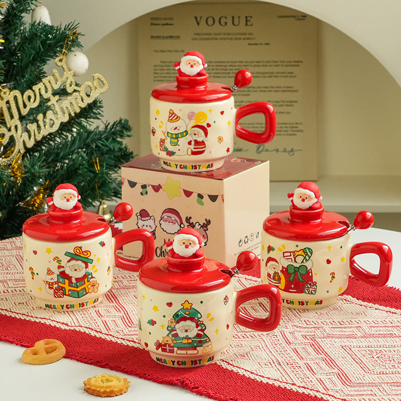 Christmas Ceramic Mug with Lid - Cartoon Holiday Drinkware, 301-400ml